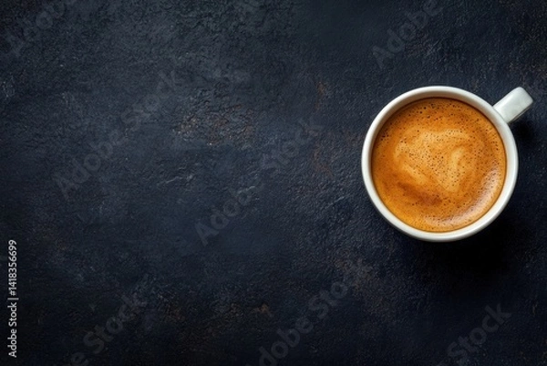 Fototapeta Coffee in white mug on dark textured surface viewed from above.