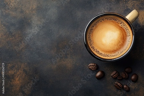 Fototapeta Cup of coffee with foam and coffee beans on a dark surface.