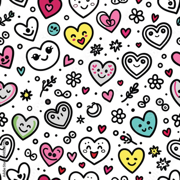 Fototapeta Cute heart pattern with faces and flowers