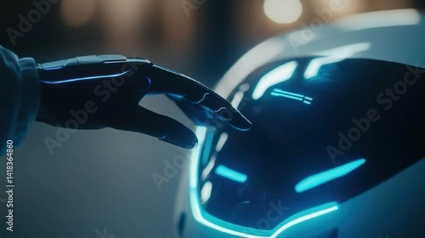 Obraz A robotic hand interacting with a glowing, futuristic interface on a machine.