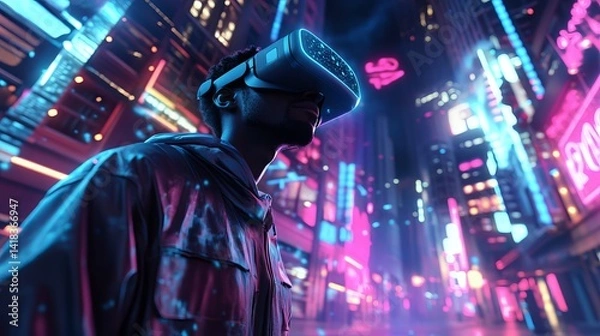 Fototapeta Man wearing vr headset in a neon lit cyberpunk city with futuristic buildings and vibrant colors all around