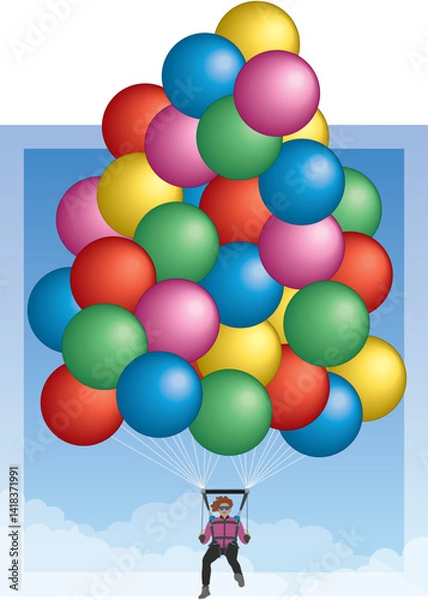 Fototapeta cluster ballooning, female balloonist in flight suspended under a cluster of balloons against a blue sky