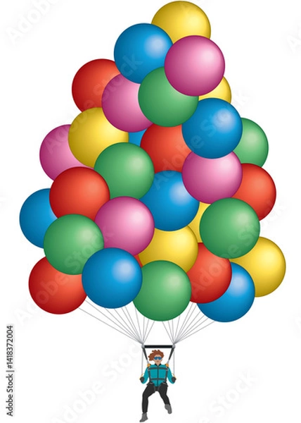 Fototapeta cluster ballooning, female balloonist in flight suspended under a cluster of balloons isolated on a white background