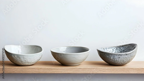 Fototapeta Three Grey And White Textured Bowls On Wooden Shelf