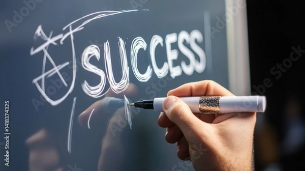Fototapeta Close-up of hand writing 'success' on a whiteboard with a marker.