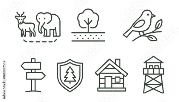 Obraz Line vector icons of nature conservation zones: wildlife corridor, buffer zone, habitat icon, trail marker, protected sign, ranger station, eco hut, watchtower.