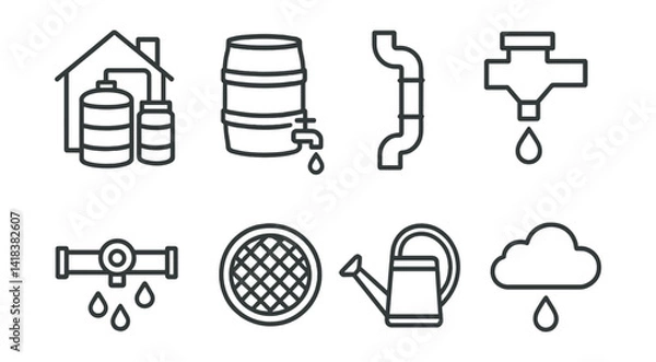 Obraz Line vector icons of rainwater harvesting: rooftop tank, water barrel, collection pipe, rain diverter, overflow valve, filter mesh, water can, cloud with drop.