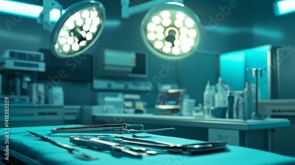 Fototapeta Surgical instruments on a table with operating lights and medical equipment in the background scene