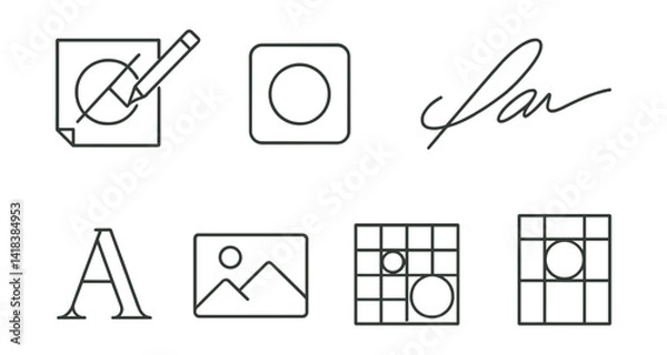 Obraz Line vector icons of visual identity: logo sketch, brand icon, signature style, concept board, font choice, image block, icon grid, composition guide.
