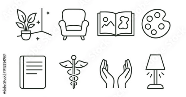 Fototapeta Line vector icons of art therapy space: quiet corner, soft chair, open sketchbook, expressive color, journal lines, healing symbol, safe hands, therapy lamp.