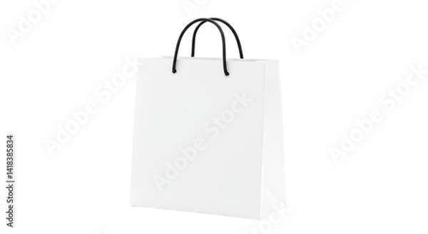 Fototapeta A single white paper shopping bag with black handles isolated against a black studio background shot straight on selling, purchasing, agreement, $