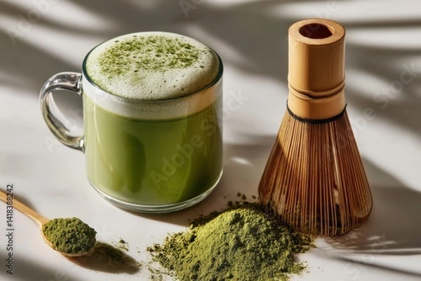 Obraz A clear mug full of fresh green matcha latte with a bamboo whisk, and powder alongside, creating a relaxing and healthy vibe with bright sunlight.