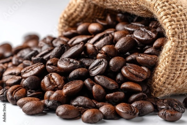 Fototapeta Close-up shot of dark roasted coffee beans spilling from a burlap sack, showcasing rich texture and aroma against a plain, light background, perfect for a coffee advertisement.