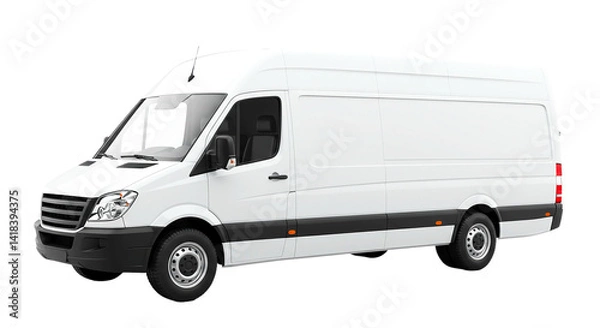 Fototapeta A white delivery van with black trim and a high roof is parked on a black background in a studio shot