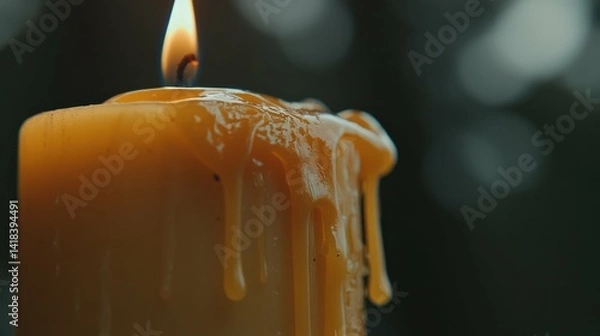 Fototapeta Close up of a burning candle with wax melting creating a warm ambiance.