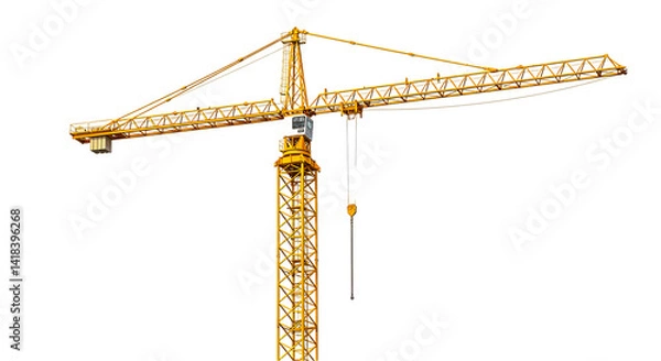 Fototapeta A yellow construction crane against a black background with a long horizontal arm and tower structure