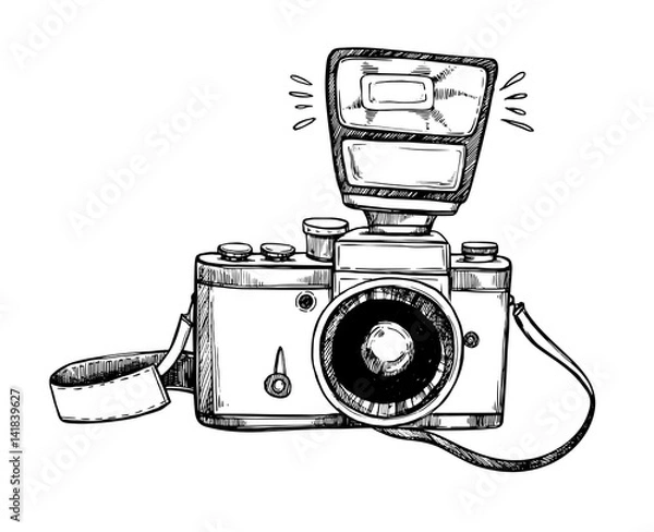 Obraz Hand drawn vector illustrations. Retro camera with flash and lace. Photographic equipment. Perfect for invitations, greeting cards, posters, prints