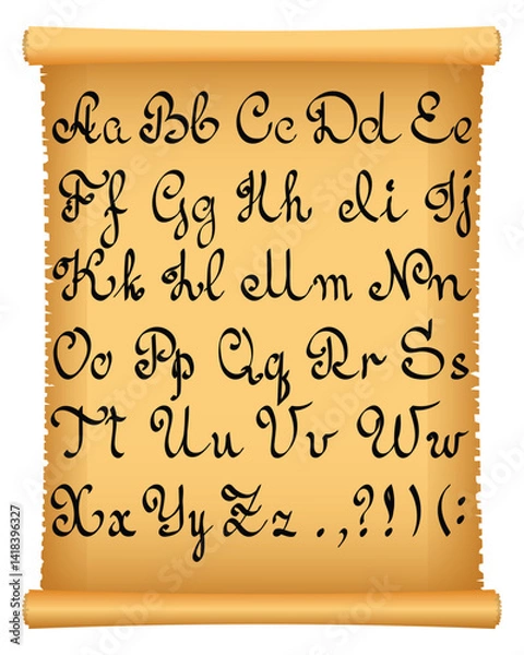 Fototapeta Parchment scroll and calligraphic letters of the english alphabet vector image
