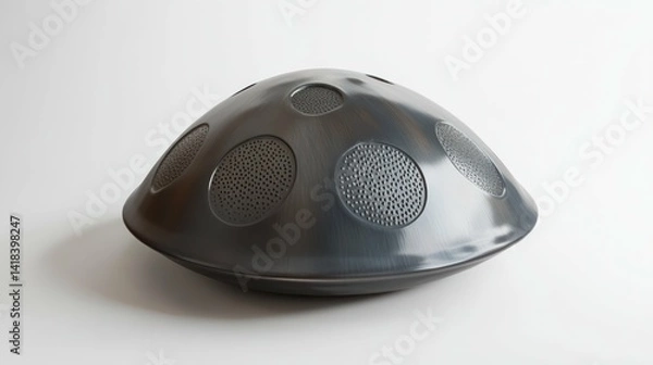 Fototapeta A handpan rests on a white surface, its metallic shell gleaming softly.