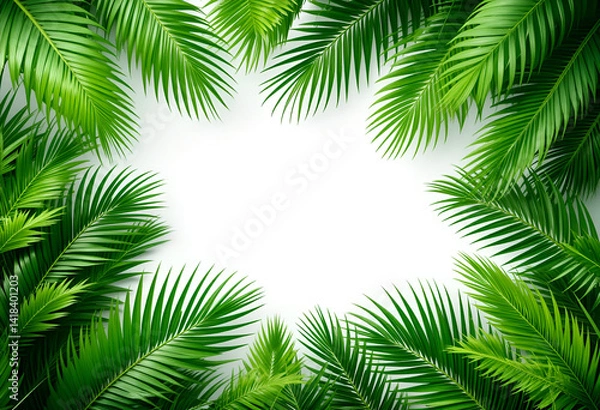 Fototapeta Palm leaves leaf frame border design isolated on white background. Palm branches summer design element. Tropical green plant. 