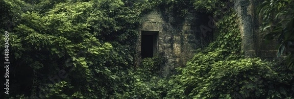 Obraz Forgotten Window, Stone wall consumed by creeping ivy and dense foliage