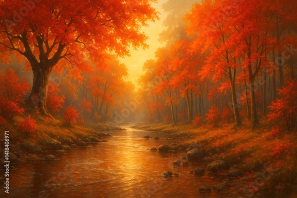 Fototapeta Autumn Forest with Winding Stream, Painterly Landscape of Fiery Foliage and Golden Light