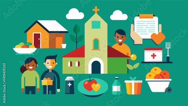Fototapeta A section dedicated to displaying the various community service projects the church is involved in such as volunteering at local shelters or. Vector illustration