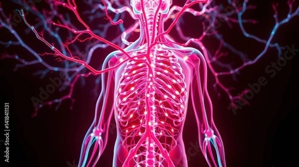 Fototapeta Illustration of the human lymphatic system glowing in dark colors.
