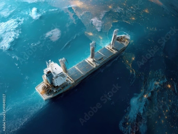 Fototapeta Cargo ship sailing on the ocean. Large vessel navigating through the sea, transporting goods across the water, with aerial view of horizon.