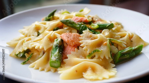 Fototapeta Delicious Farfalle Pasta with Fresh Salmon and Asparagus on a White Plate at a Restaurant Setting