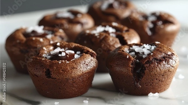 Fototapeta Gourmet brownie bites with sea salt flakes on a marble surface - decadent macro chocolate brownie texture
