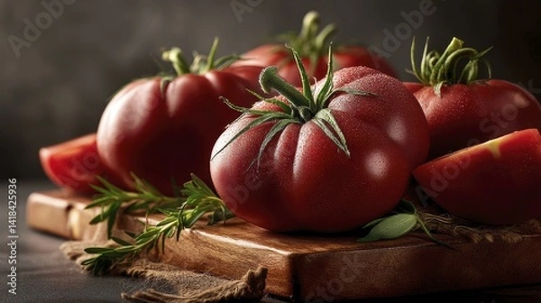Fototapeta Several hamburger tomatoes arranged artistically on a wooden surface, showcasing their size and shape - presentation burger beefsteak