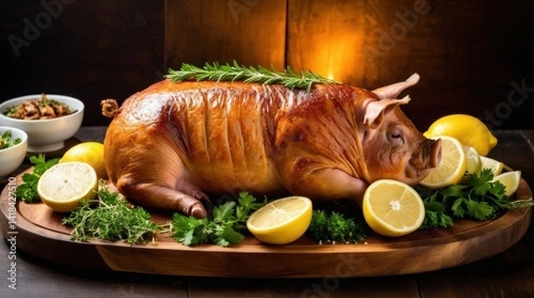 Fototapeta A beautifully roasted suckling pig garnished with fresh rosemary, lemon slices, and parsley on a wooden platter, surrounded by bowls of herbs and vegetables