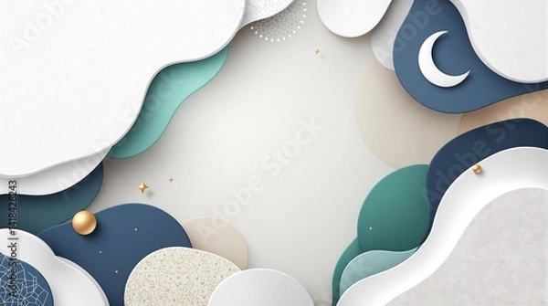 Fototapeta A 3D abstract minimalist background designed for a professional presentation, featuring smooth geometric shapes, soft gradients, and subtle Islamic patterns like crescent moons and arabesque motifs.