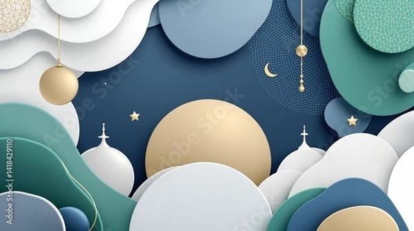 Obraz A 3D abstract minimalist background designed for a professional presentation, featuring smooth geometric shapes, soft gradients, and subtle Islamic patterns like crescent moons and arabesque motifs.