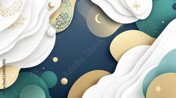 Obraz A 3D abstract minimalist background designed for a professional presentation, featuring smooth geometric shapes, soft gradients, and subtle Islamic patterns like crescent moons and arabesque motifs.