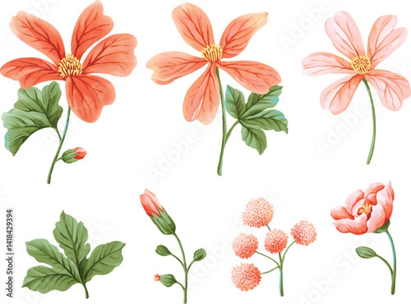 Fototapeta Watercolor set of tropical pink and coral flowers with tropical leaves. Includes large blossoms, buds, and pompom flowers. Great for tropical-themed, bohemian, and nature-inspired designs.