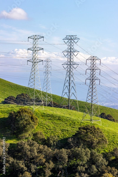 Obraz Rolling green hills with power lines stretching across the Bay Area landscape
