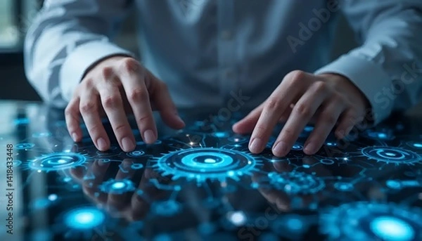 Fototapeta Hands on digital display interface