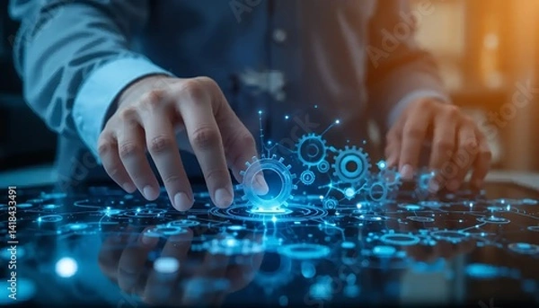 Fototapeta Hand interacting with futuristic gear interface