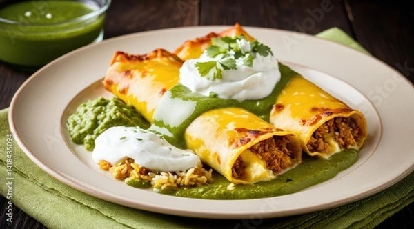 Fototapeta Delicious enchiladas topped with sour cream and green sauce, served with Mexican rice and corn-studded brown rice on a white plate