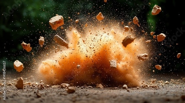 Fototapeta Ground burst of debris & dust against green background