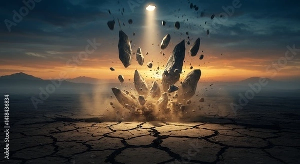 Fototapeta Rocks Exploding with Dust on Cracked Earth at Sunset