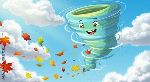 Fototapeta Cartoon Tornado Character with Autumn Leaves and Blue Sky