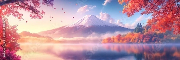 Fototapeta Colorful Autumn Season and Mountain with morning fog and red leaves at lake, anime style landscape