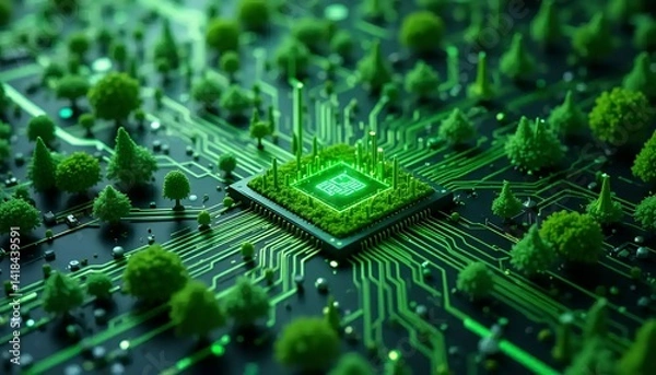 Fototapeta Green Technology Microchip Forest Conceptual AI Image