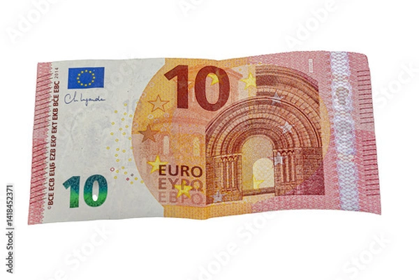 Fototapeta Front side of a ten euro banknote showing a Romanesque archway, the EU flag, the signature of the ECB president, the euro symbol, and a hologram stripe with value and window.