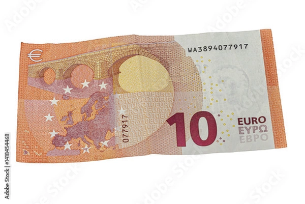 Fototapeta Back side of a ten euro banknote featuring a Romanesque bridge spanning across a map of Europe, symbolizing unity and communication within the European Union.