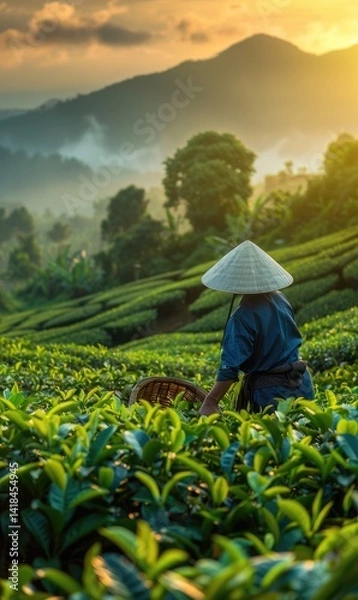 Fototapeta Tea farmer are harvesting tea leaf in the garden with beautiful nature scenery Generate AI