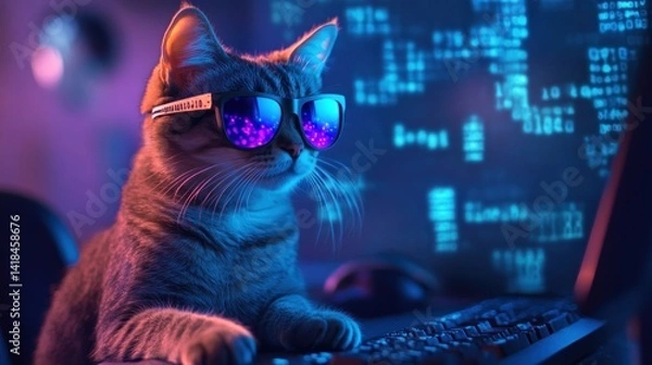 Fototapeta Cool Cat Coder: A Neon-Lit Feline in Digital Realm